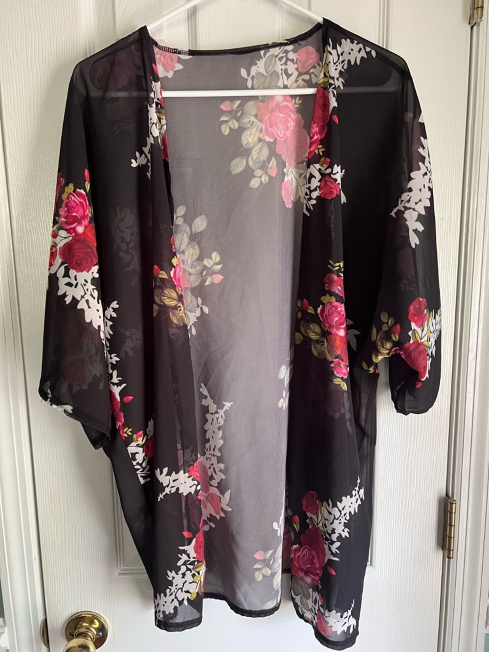 Floral Sheer Black Kimono Cardigan with Pink Rose Print
